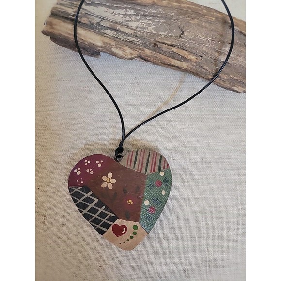 VTG Hand Painted Carved Puffy Heart Pendant Patchwork Design Sterling 925 Clasp - Picture 5 of 7